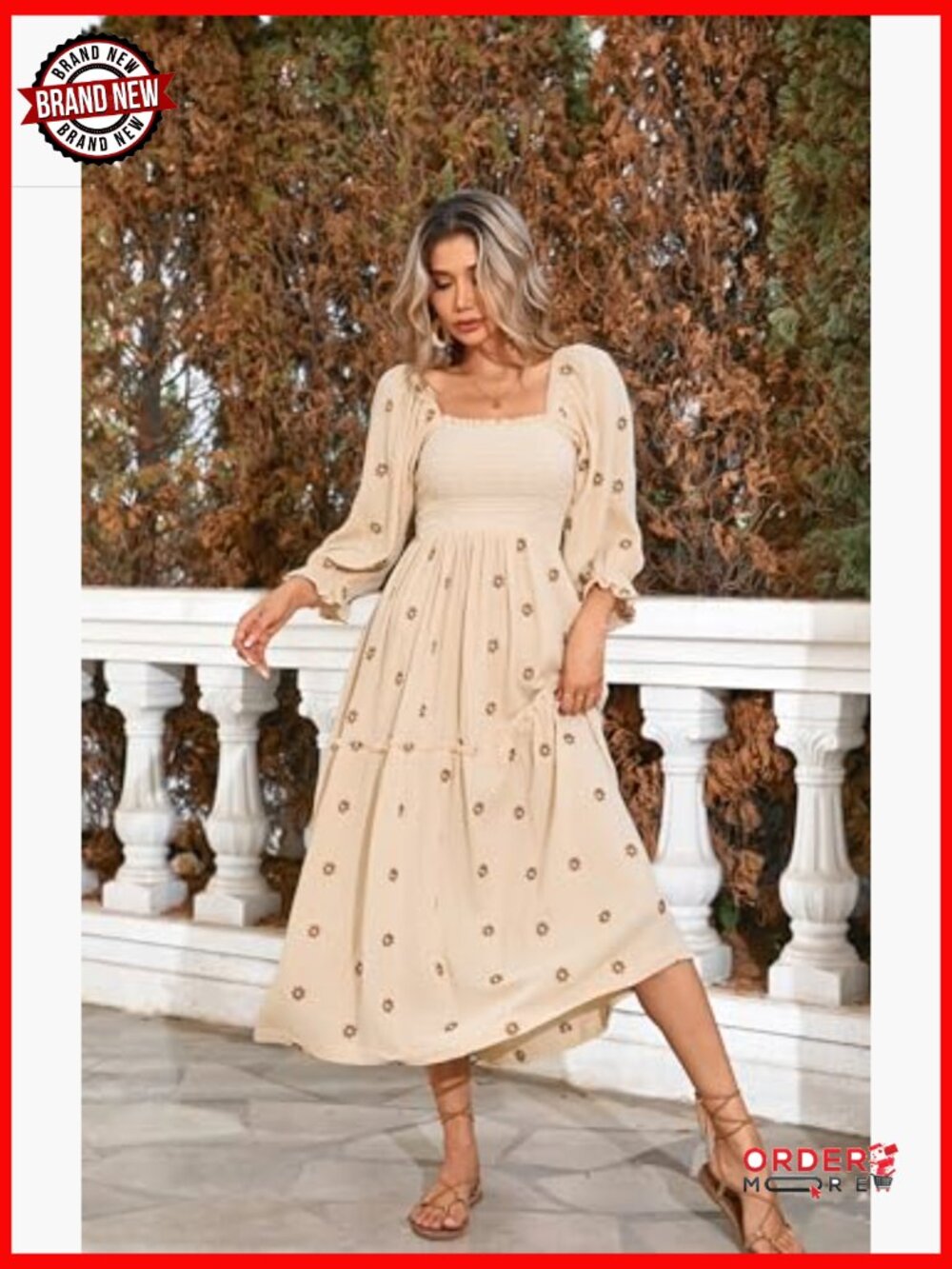 Long Sleeve Cotton Boho Midi Dress Square Neck Floral Embroidered Tiered Ruffle - Picture 2 of 7